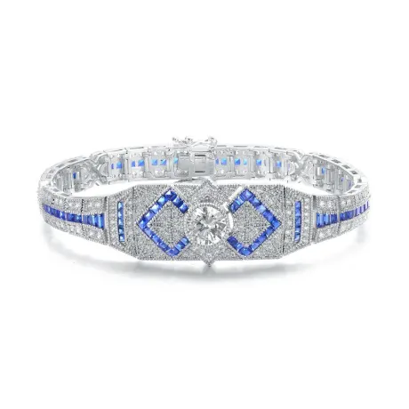Genevive Sterling Silver White Gold Plated with Clear Round and Colored Baguette Cubic Zirconia Link Bracelet