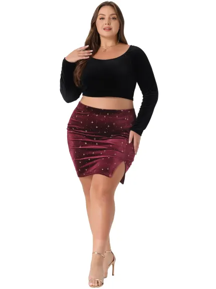 Agnes Orinda - Star Pattern Slit Bodycon Mini Velvet Skirt