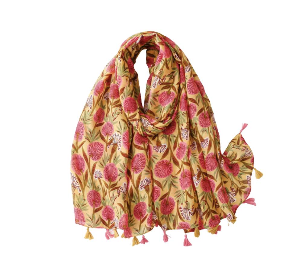 Yellow and pink spray flower scarf with tassels - Don't AsK