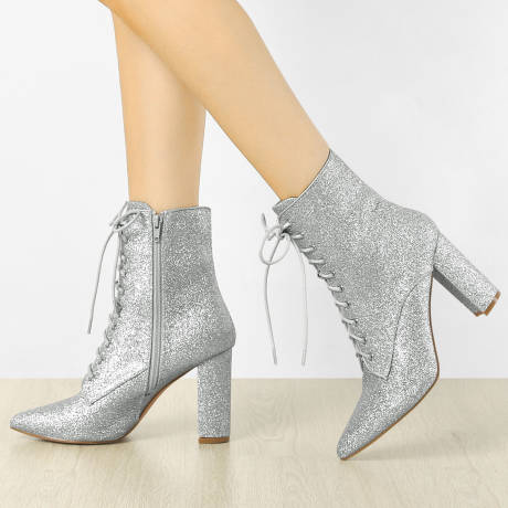 Allegra K- Women's Glitter Pointed Toe Block Heel Ankle Boots