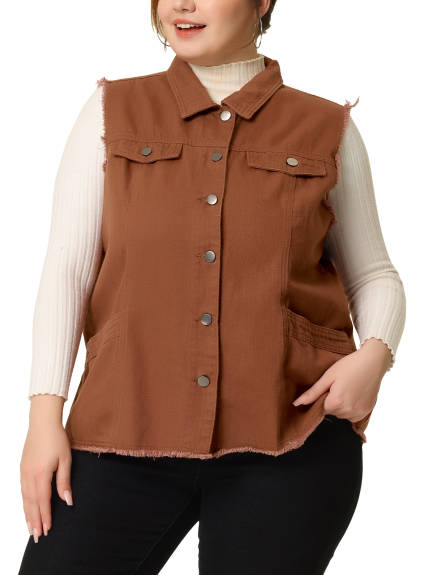 Agnes Orinda - Women Button Front Frayed Washed Denim Vest
