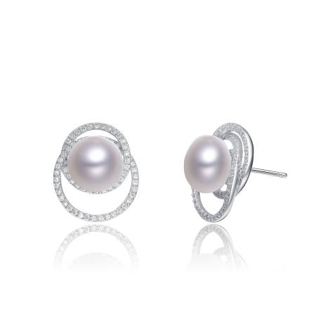 Genevive Cubic Zirconia Sterling Silver White Gold Plated with Round Pearl Earrings