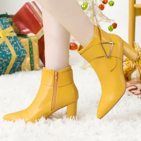 Allegra K - Pointed Toe Buckle Chunky Heels Ankle Boots