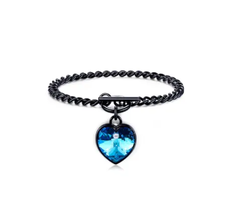 Bracelet à bascule en bronze avec breloque cœur en cristal autrichien de qualité bleu bermuda.