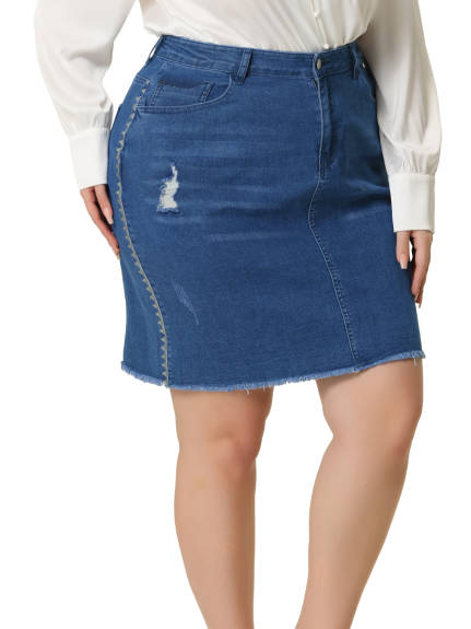 Agnes Orinda - Raw Hem Embroidered A-Line Denim Skirts