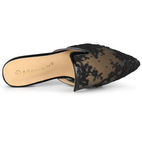 Allegra K - Pointed Toe Floral Embroidery Flats Mules