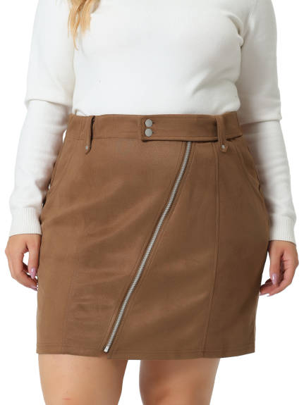 Agnes Orinda - Faux Suede Zipper Front Mini Pencil Skirt
