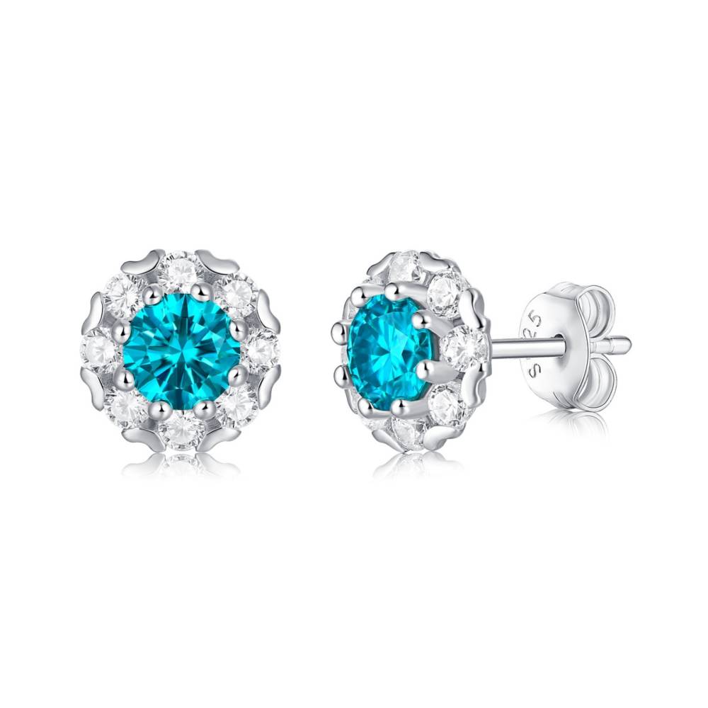 Stella Valentino Sterling Silver with 0.50ctw Lab Created Moissanite & Blue Topaz Round Halo Stud Earrings