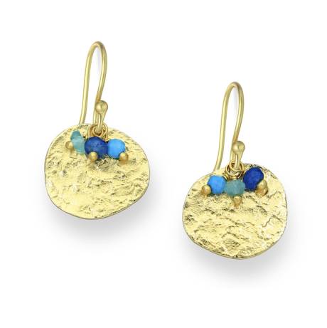 18K Goldtone Plated Sterling Silver Hammered Circular & Blue Mix Gemstone CZ Drop Earrings- AG Sterling