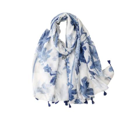 Foulard à fleurs tropicales bleues et blanches avec pompons - Don't AsK