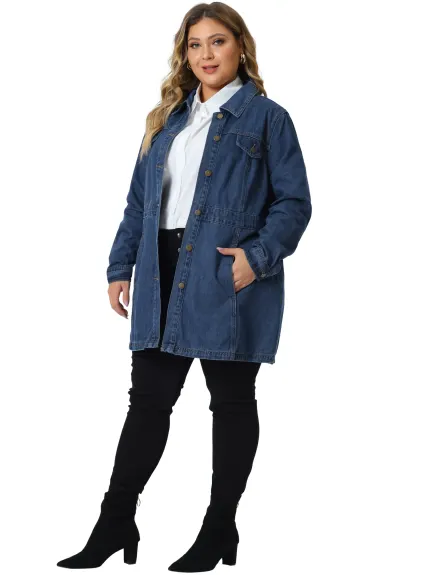 Agnes Orinda - Midi Denim Jacket Buttons Long Sleeve Jacket