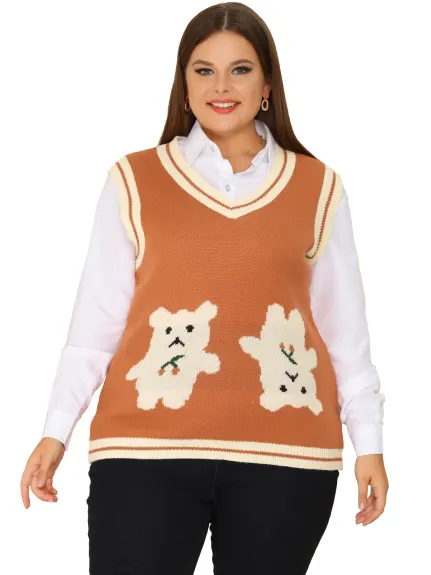 Agnes Orinda - V Neck Bear Knit Sweater Pullover Vest