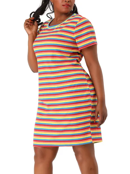 Agnes Orinda - Round Neck Rainbow Striped Midi T-Shirt Dress