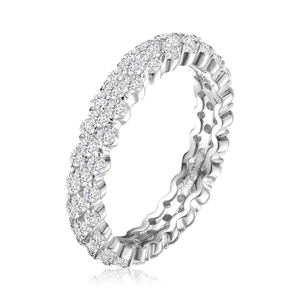 Genevive Sterling Silver with white gold Plated Clear Round Cubic Zirconia Curved Eternity Ring