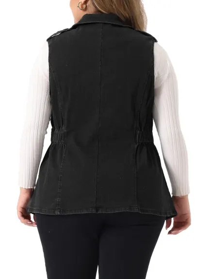 Agnes Orinda - Lapel Elastic Waist Denim Jacket Vest