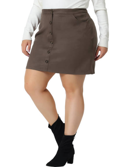Agnes Orinda - Faux Suede Button High Waist A-line Mini Skirt