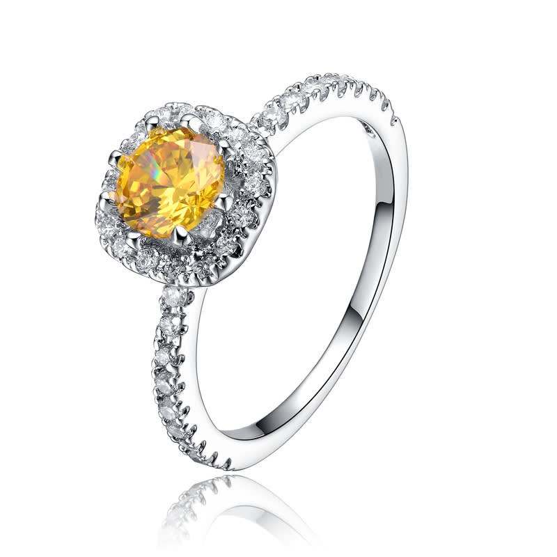 Genevive Sterling Silver White Gold Plated with Yellow Cubic Zirconia Ring
