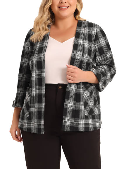 Agnes Orinda - 3/4 Sleeves Casual Open Front Plaid Blazer