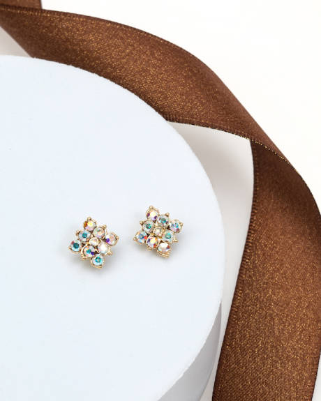 Goldtone & Aurora Borealis Crystal Clustered Floral Stud Earrings- callura