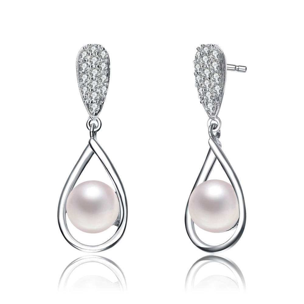 Genevive Sterling Silver with Round Pearl and Round Cubic Zirconia Drop Earrings