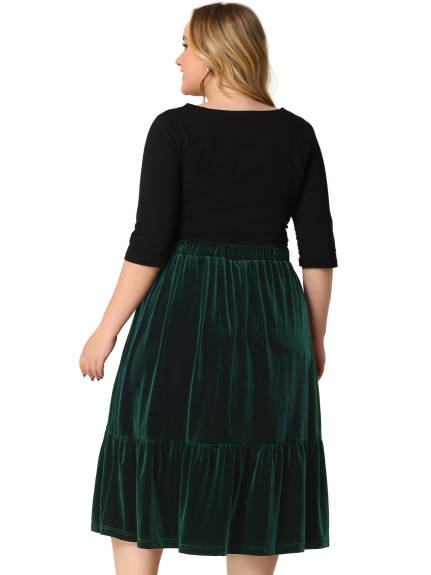 Agnes Orinda - Elastic Waist Ruffle Hem Midi Velvet Skirt
