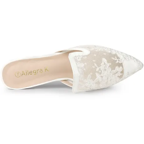 Allegra K - Pointed Toe Floral Embroidery Flats Mules
