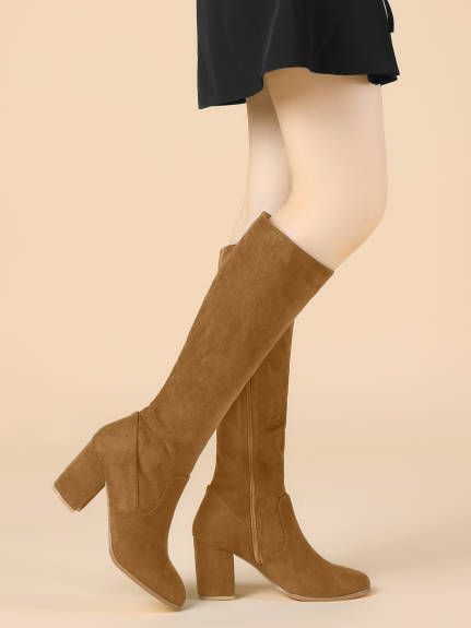 Allegra K - Side Zipper Chunky Heel Knee High Boots