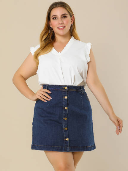 Agnes Orinda - Button A Line Side Pocket Mini Denim Skirt