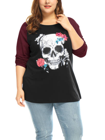 Agnes Orinda - Floral Skull Loose Basic Tee Shirts