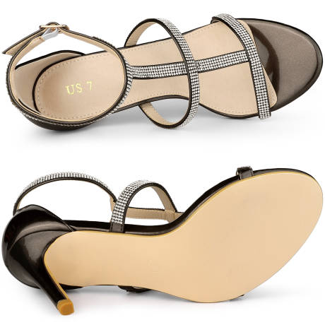 Allegra K- Rhinestone Ankle Strap Stiletto High Heel Black Sandals