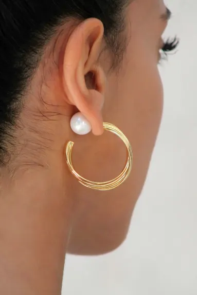 Classicharms-Gold Twisted Wave Hoop Earrings and Pearl Studs Set