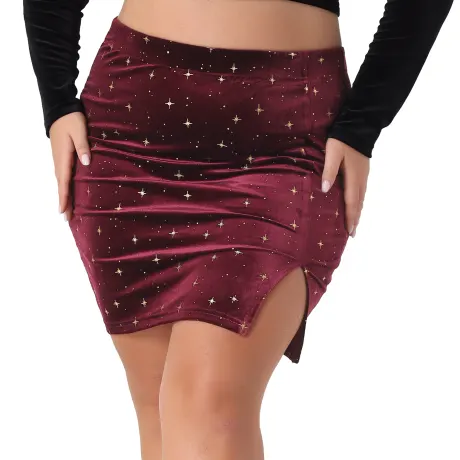 Agnes Orinda - Star Pattern Slit Bodycon Mini Velvet Skirt