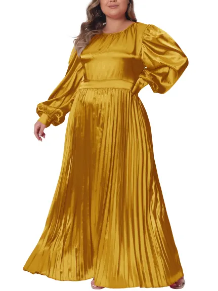 Agnes Orinda - Lantern Sleeve Flowy Pleated Maxi Dress