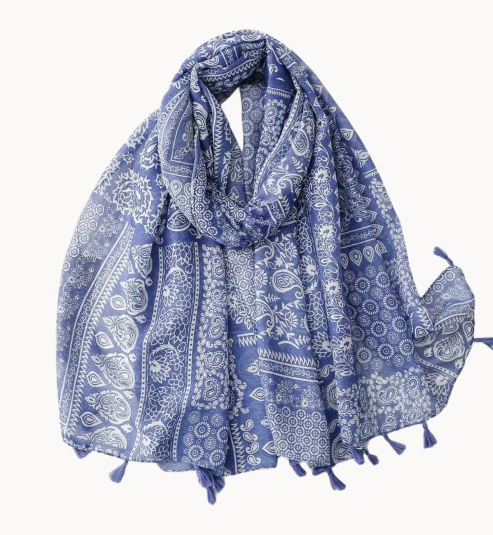 Blue and White Paisley Scarf with Tassels - Don't AsK