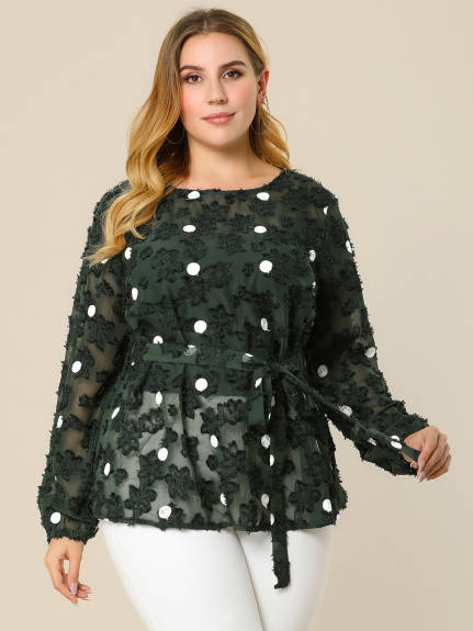 Agnes Orinda - Belted Waisted Polka Dots Lace Long Sleeve Tops