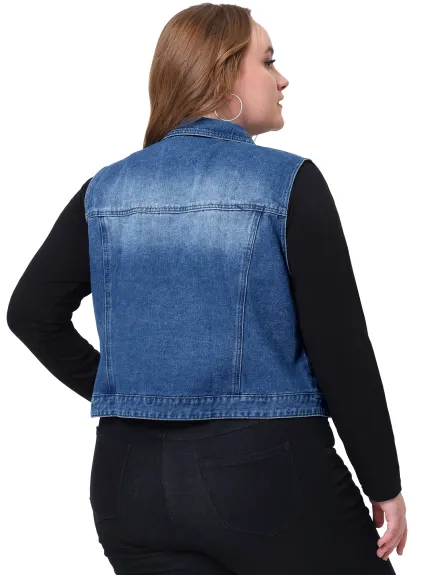 Agnes Orinda - Zip Up Sleeveless Pockets Denim Vest Jacket