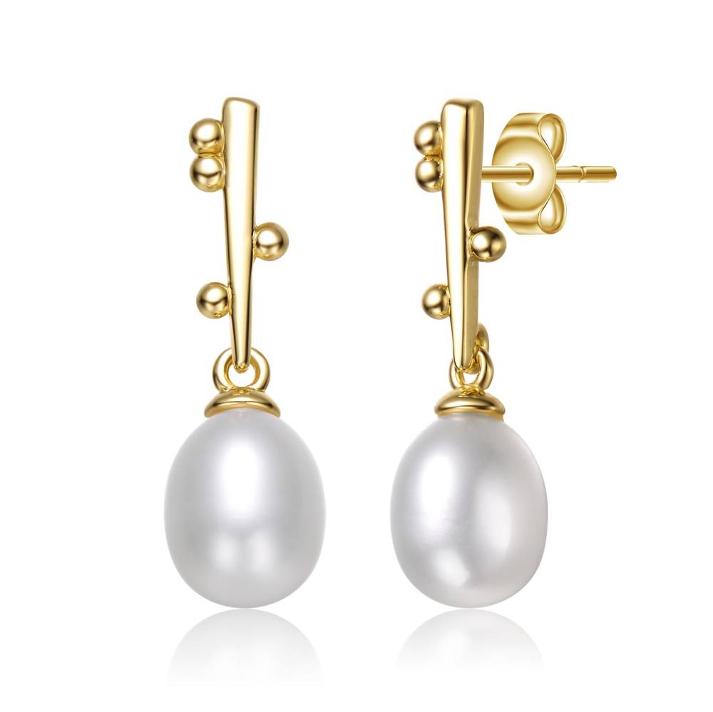 Genevive Boucles d'oreilles en argent sterling plaqué or jaune 14 carats avec perles blanches et zircones cubiques