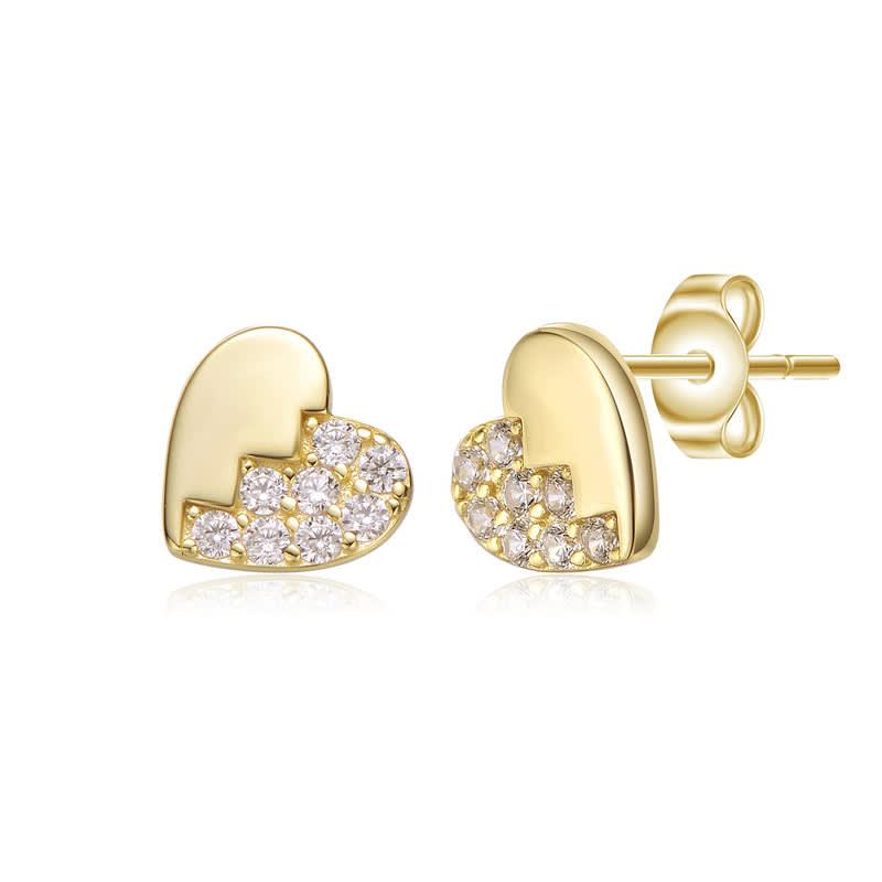 Genevive Sterling Silver 14K Gold Plated Clear Cubic Zirconia Heart Stud Earrings-8mm