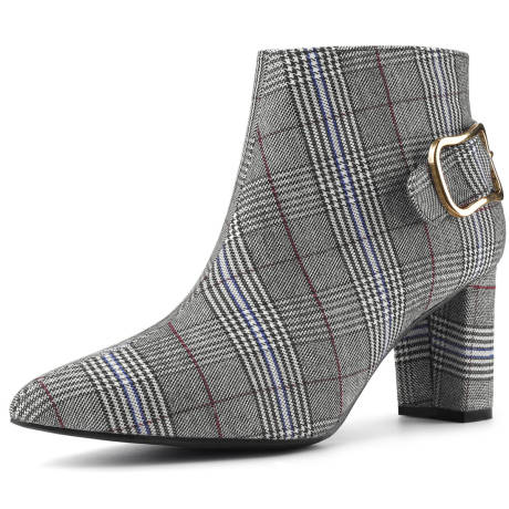 Allegra K - Plaid Point Toe Side Zip Buckle Ankle Boots