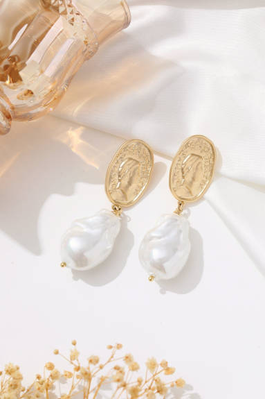 Classicharms-Matted Gold Sculpted Oversized Baroque Pearl Drop Earrings