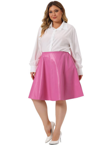 Agnes Orinda - Elastic Waist A-Line PU Flared Midi Skirt