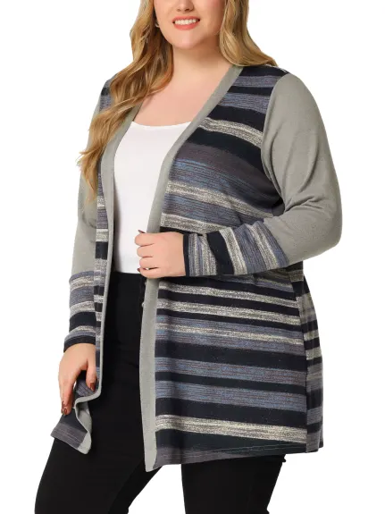Agnes Orinda - Long Open Front Striped Sweater Cardigan