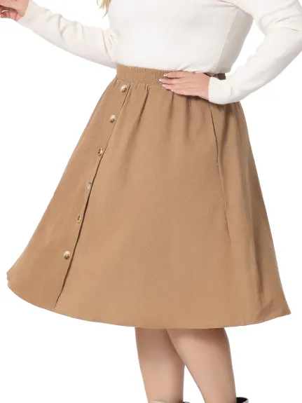 Agnes Orinda - Button Front A-Line Corduroy Midi Skirt