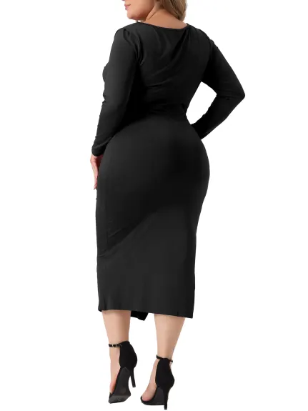 Agnes Orinda - Long Sleeve Side Slit Ruched Bodycon Dress