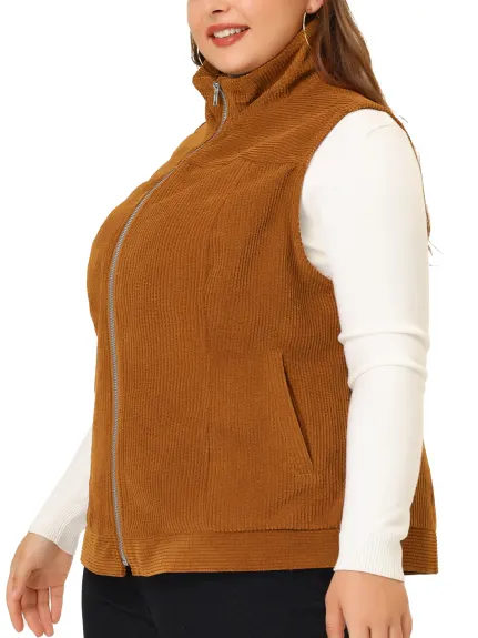 Agnes Orinda - Zipper Side Pocket Corduroy Vest