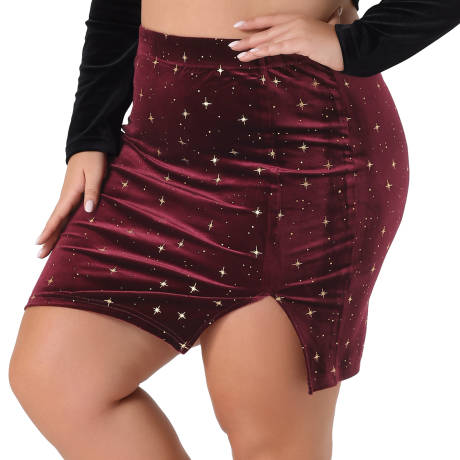 Agnes Orinda - Star Pattern Slit Bodycon Mini Velvet Skirts