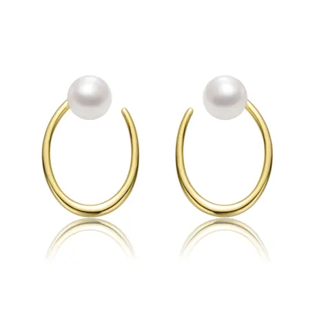 Genevive Sterling Silver 14k Yellow Gold Plated with White Pearl Oblong Oval Halo Hoop Dangle Earrings