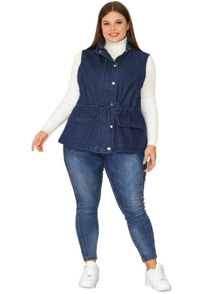 Agnes Orinda - Fashion Zip Drawstring Denim Vest Jacket