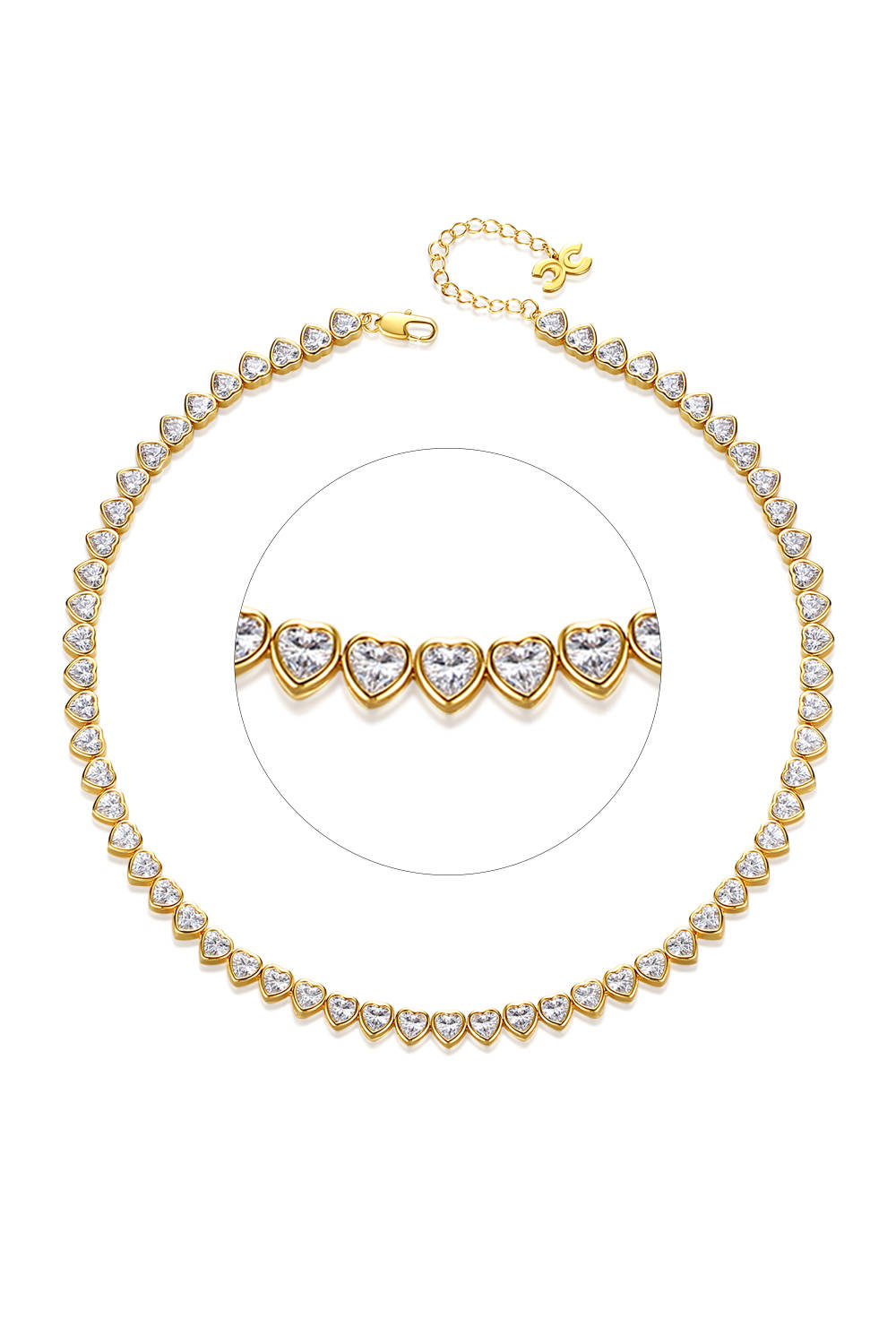 Classicharms-Gold Sparkling Heart Shaped Zirconia Tennis Necklace