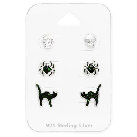 Sterling Silver Halloween Set of 3 Stud Earrings  - Ag Sterling